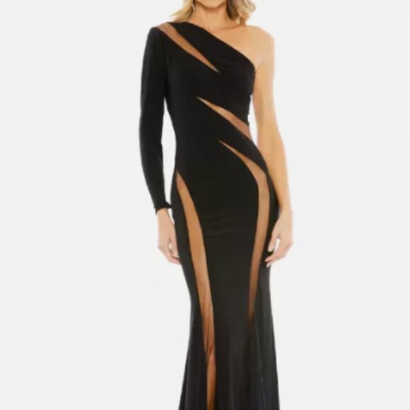 MAC DUGGAL 42014 SEQUINED HIGH NECK LONG SLEEVE LACE UP BACK GRAPHITE GOWN sz 14 - Picture 3 of 7